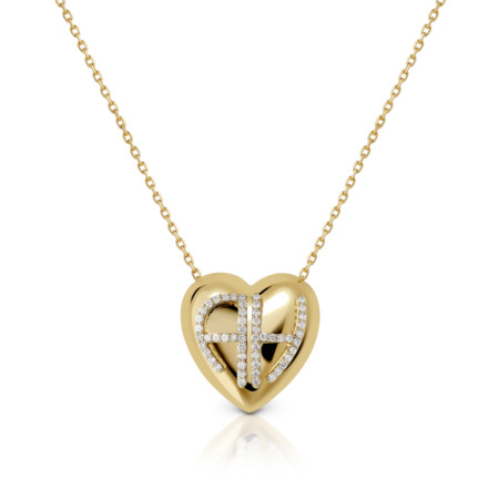Gold heart pendant featuring letters and diamond embellishments, perfect for jewelry collections and gifts.