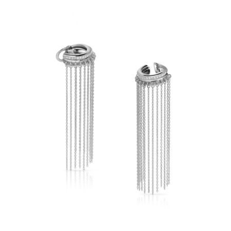 Silver ear cuff featuring multiple hanging fringes for a decorative effect.