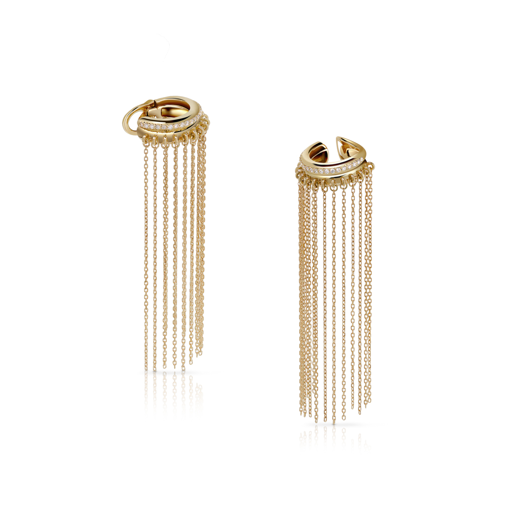 Gold ear cuff featuring multiple hanging chains that create a fringe effect.