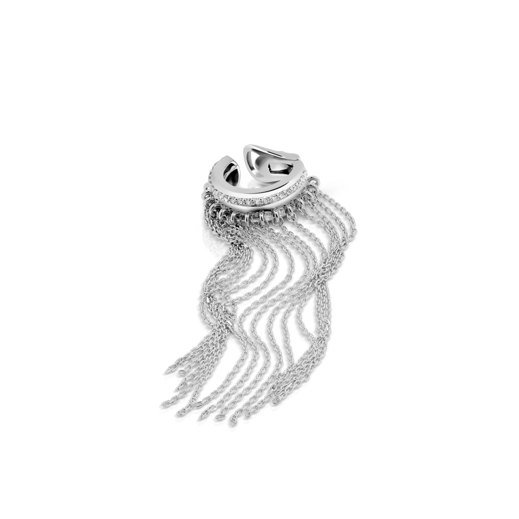 Silver ear cuff featuring fringe design with multiple chains hanging down.