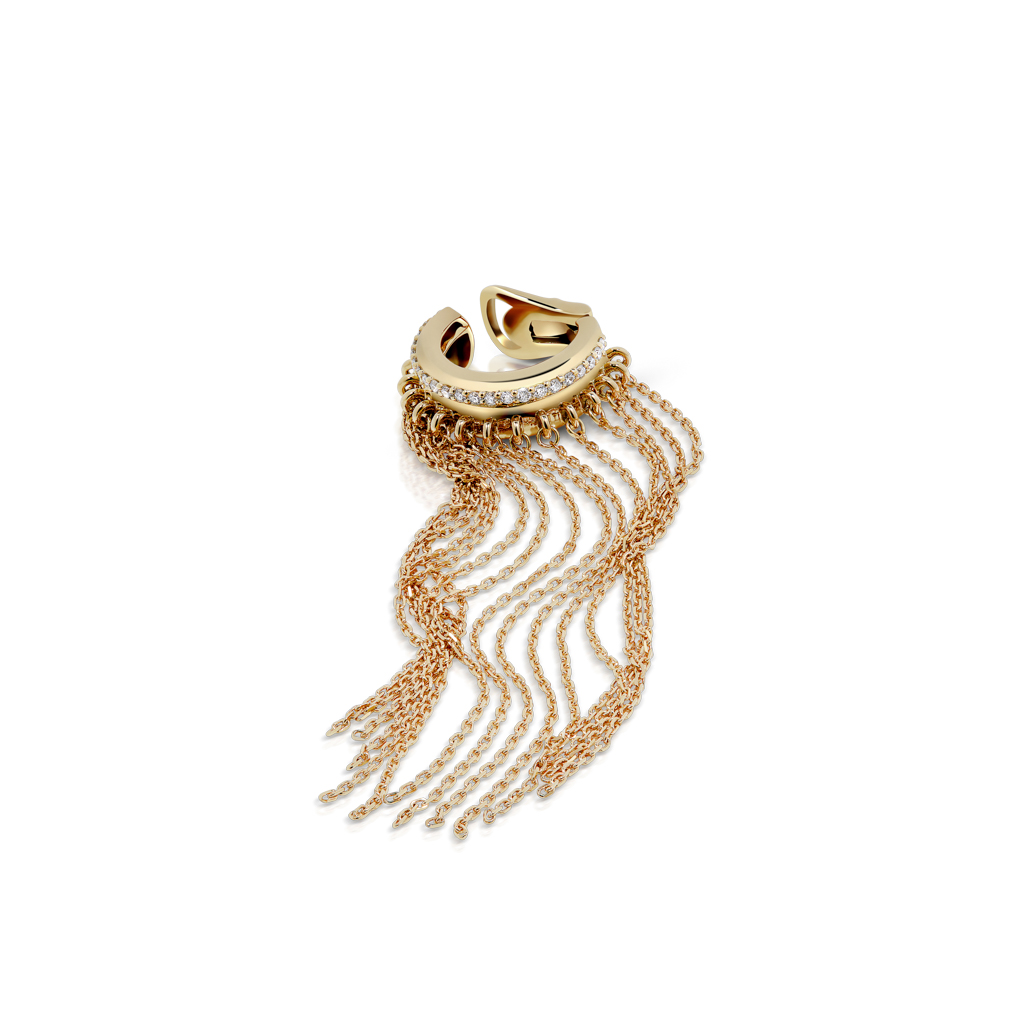 Yellow gold ear cuff with fringe chain design and small embellishments.