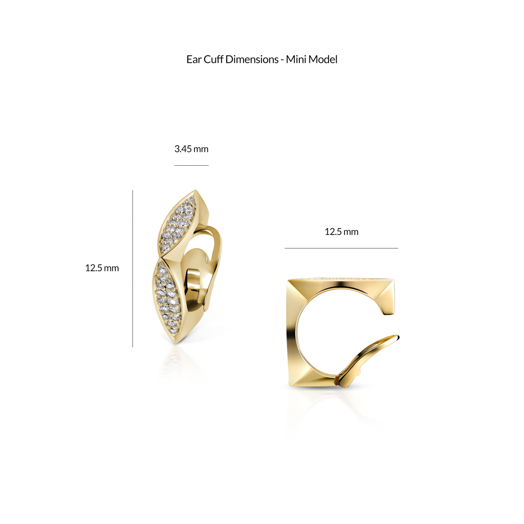 Mini ear cuff featuring diamond frosting set in yellow gold with specific dimensions indicated.