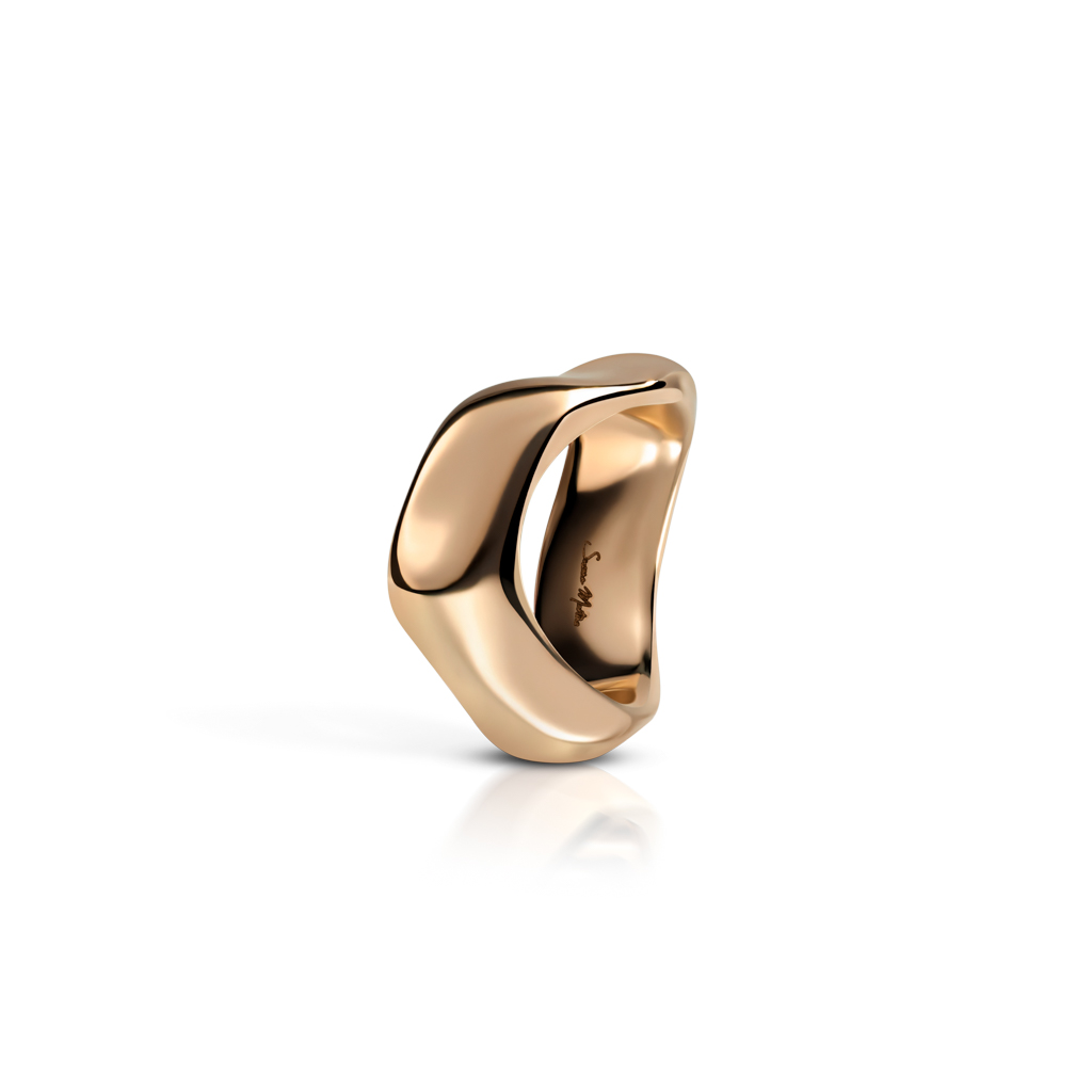 A rose gold ring with a smooth, curved design, featuring a modern aesthetic.
