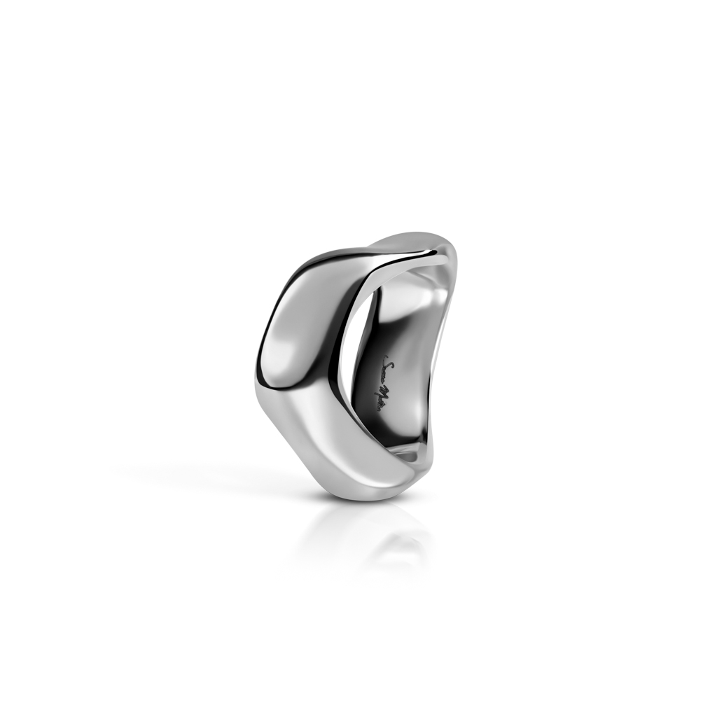 A white gold ring with a smooth, curved design, featuring a polished surface and a unique shape.