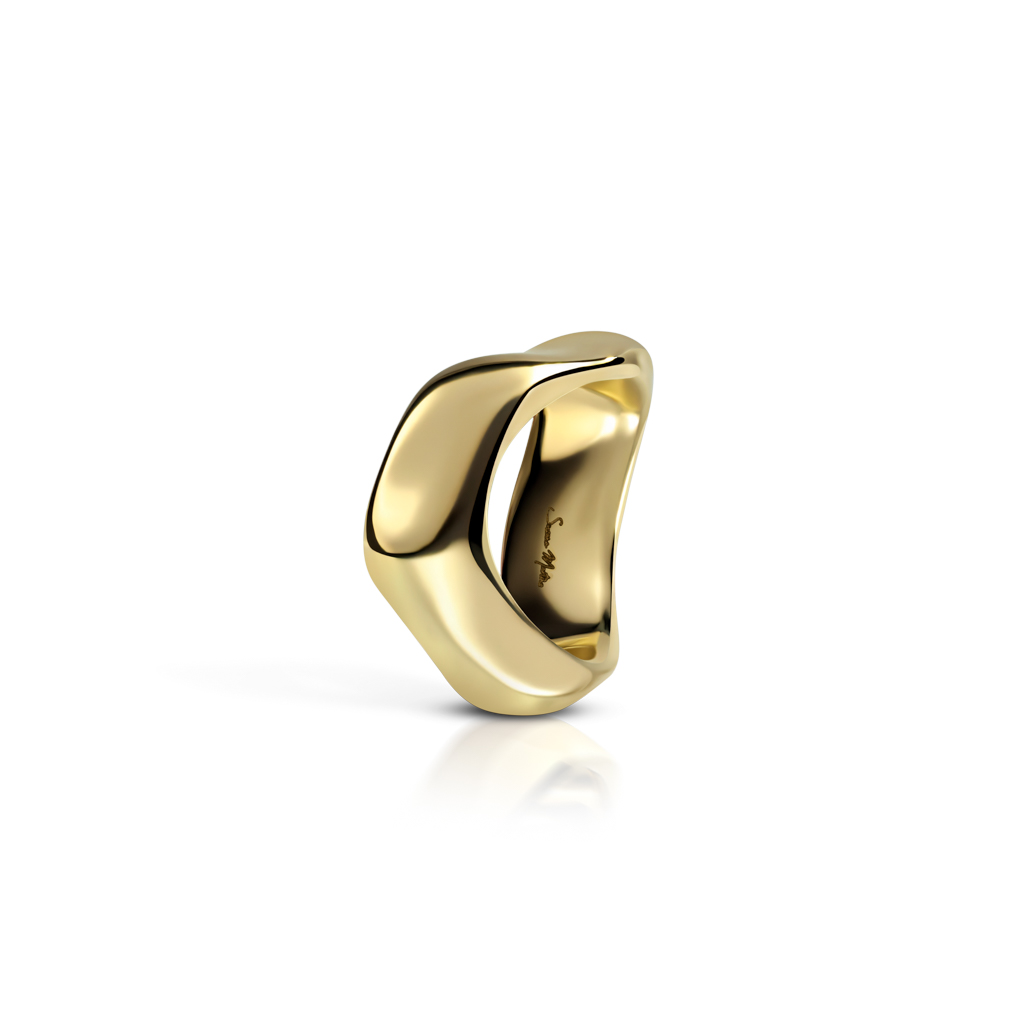 A yellow gold ring with a smooth, intertwined design, featuring a polished finish.