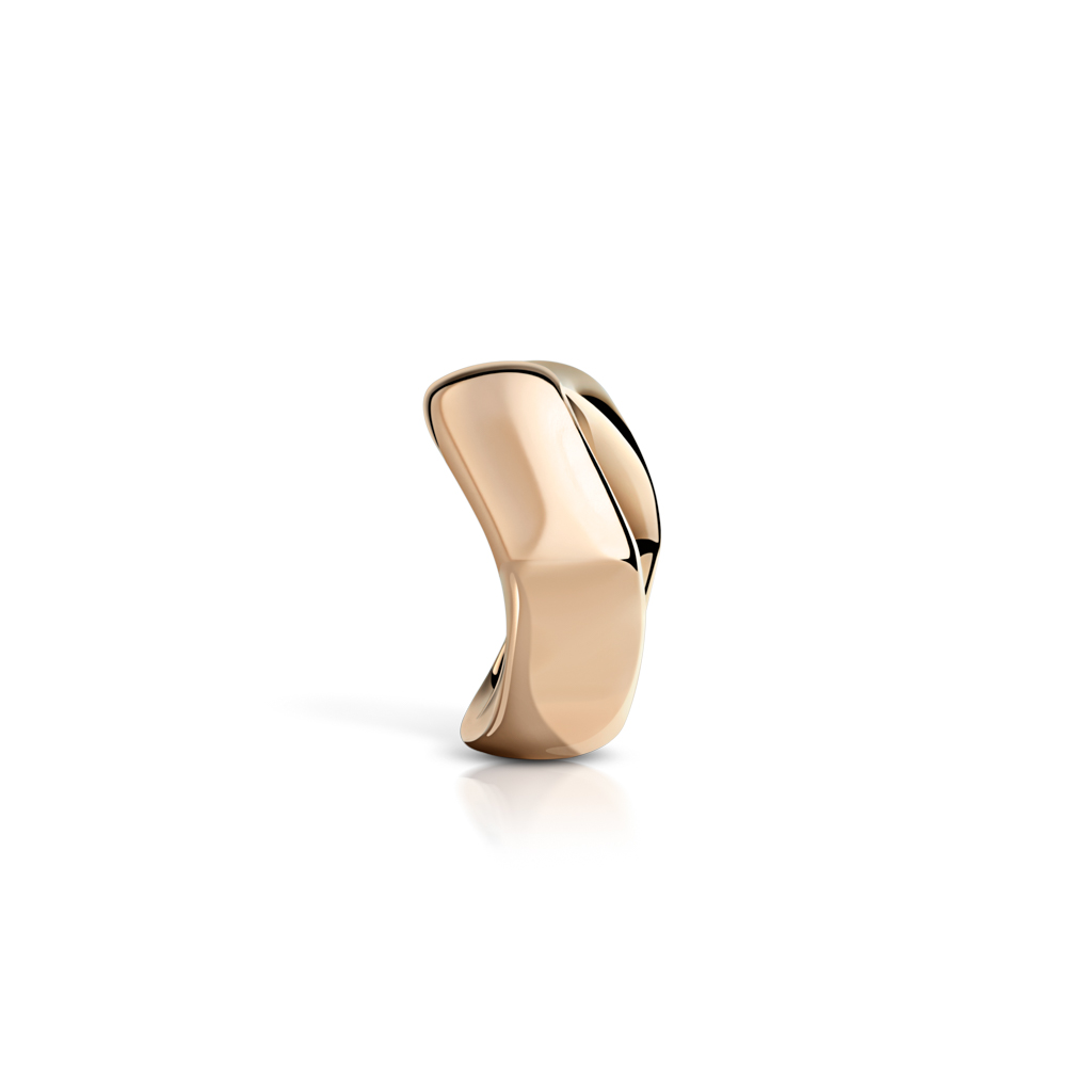 A rose gold ring with a smooth, curved design displayed on a white background.