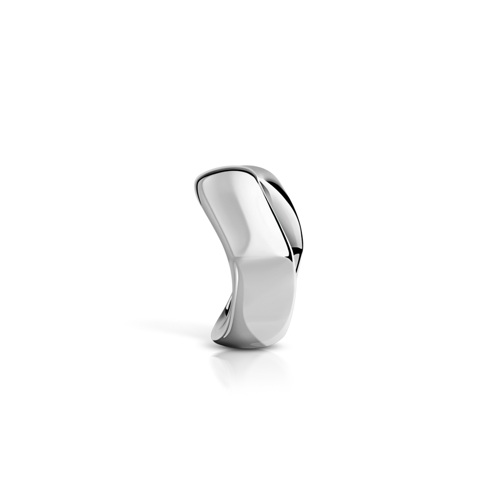 A polished white gold ring with a smooth, curved design, displayed on a plain background.