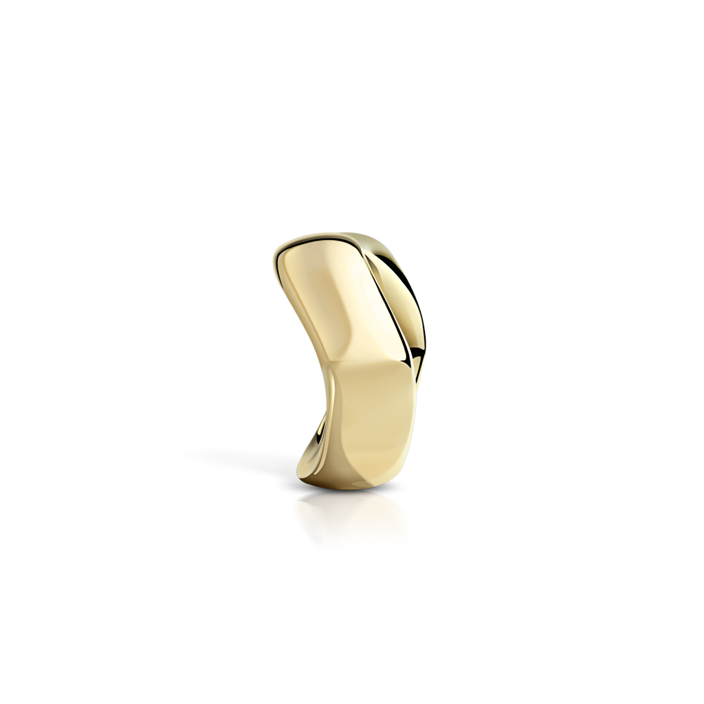 A yellow gold ring with a smooth, curved design displayed on a white background.