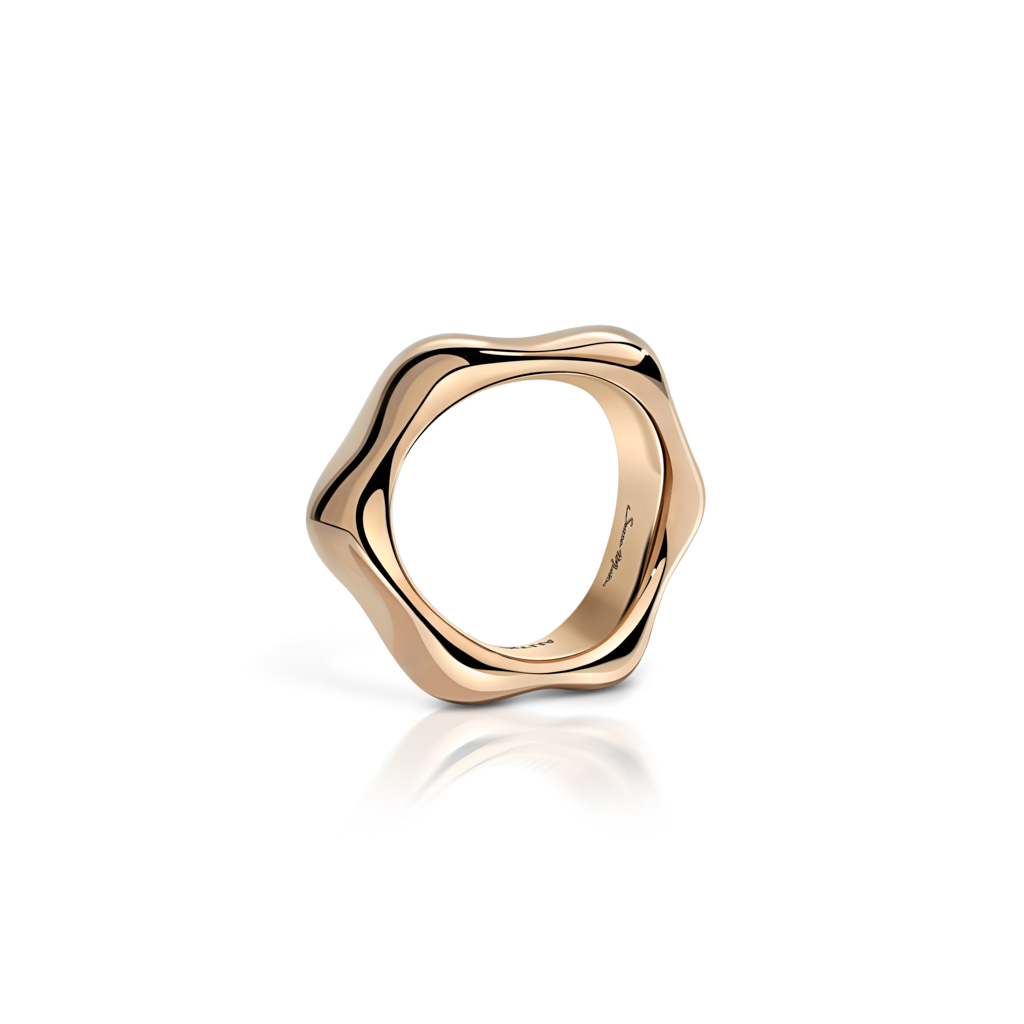 Devious Arcadia ring featuring a wavy design in rose gold metal.