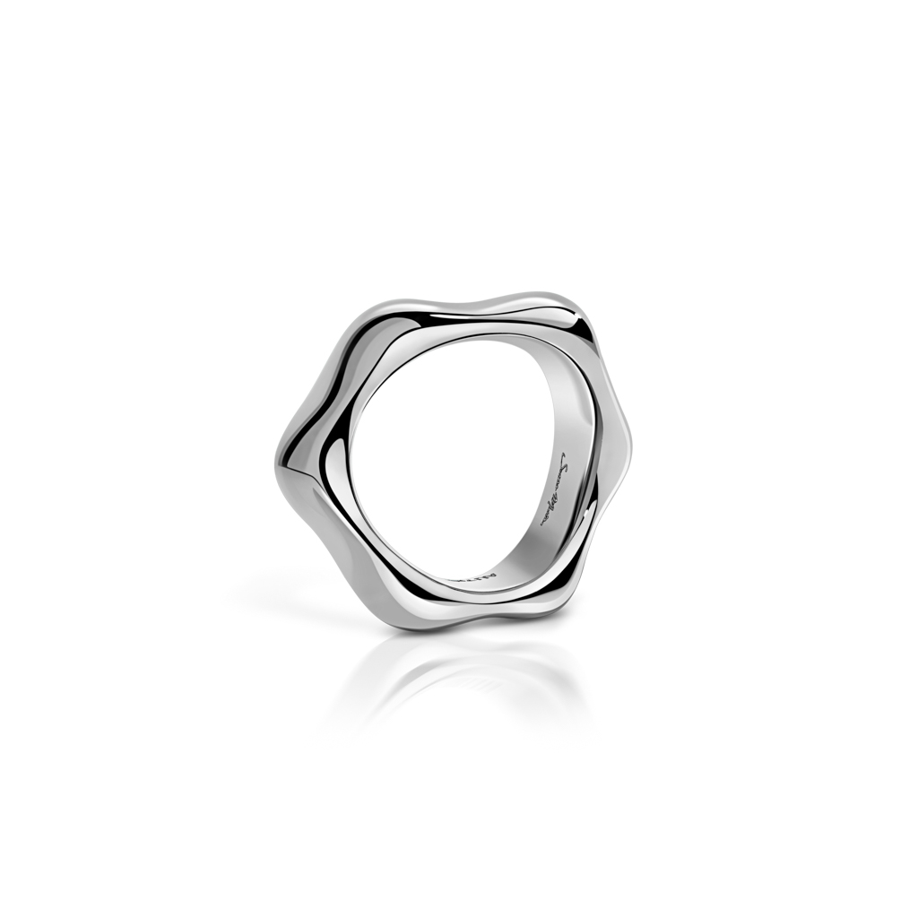 A white gold ring with a wavy, organic shape and a polished finish.