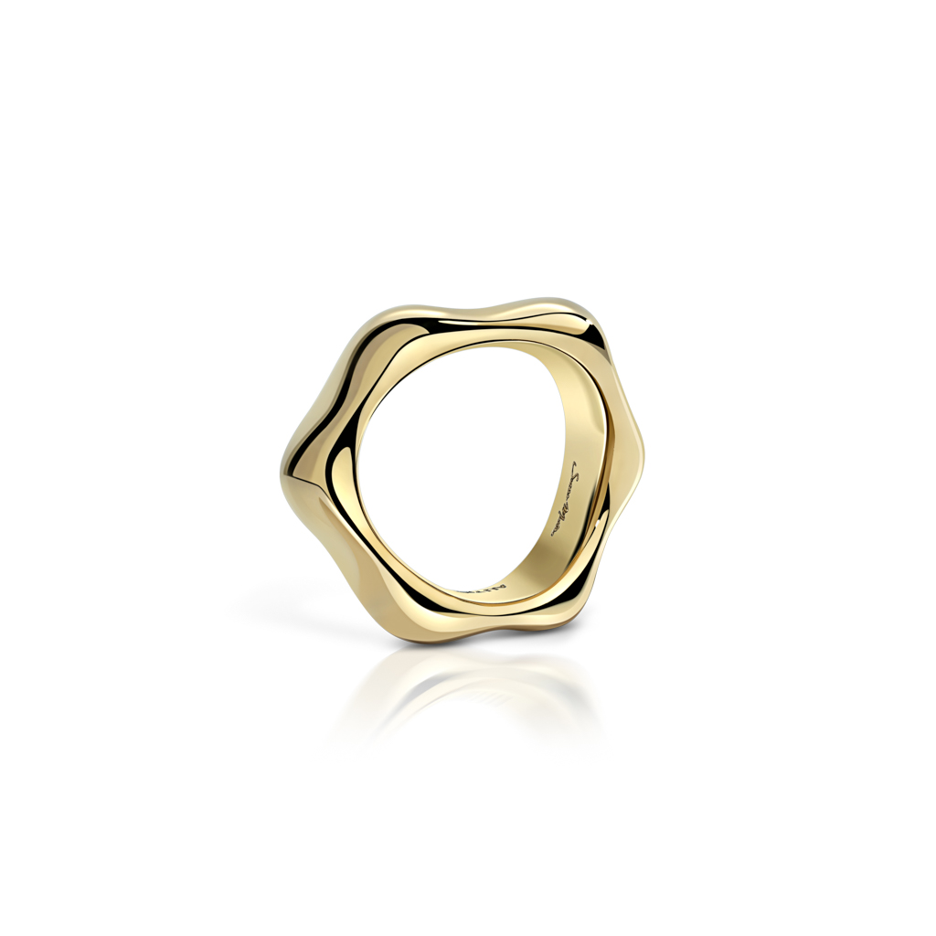 Gold ring with a wavy, star-like design and a smooth surface.