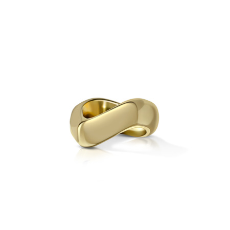 A yellow gold ring with an abstract infinity design, featuring smooth curves and a polished finish.