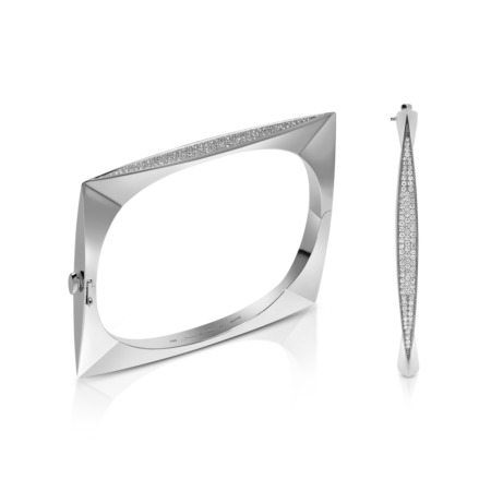 White gold bangle with diamond frosting design, featuring a geometric shape and a clasp.
