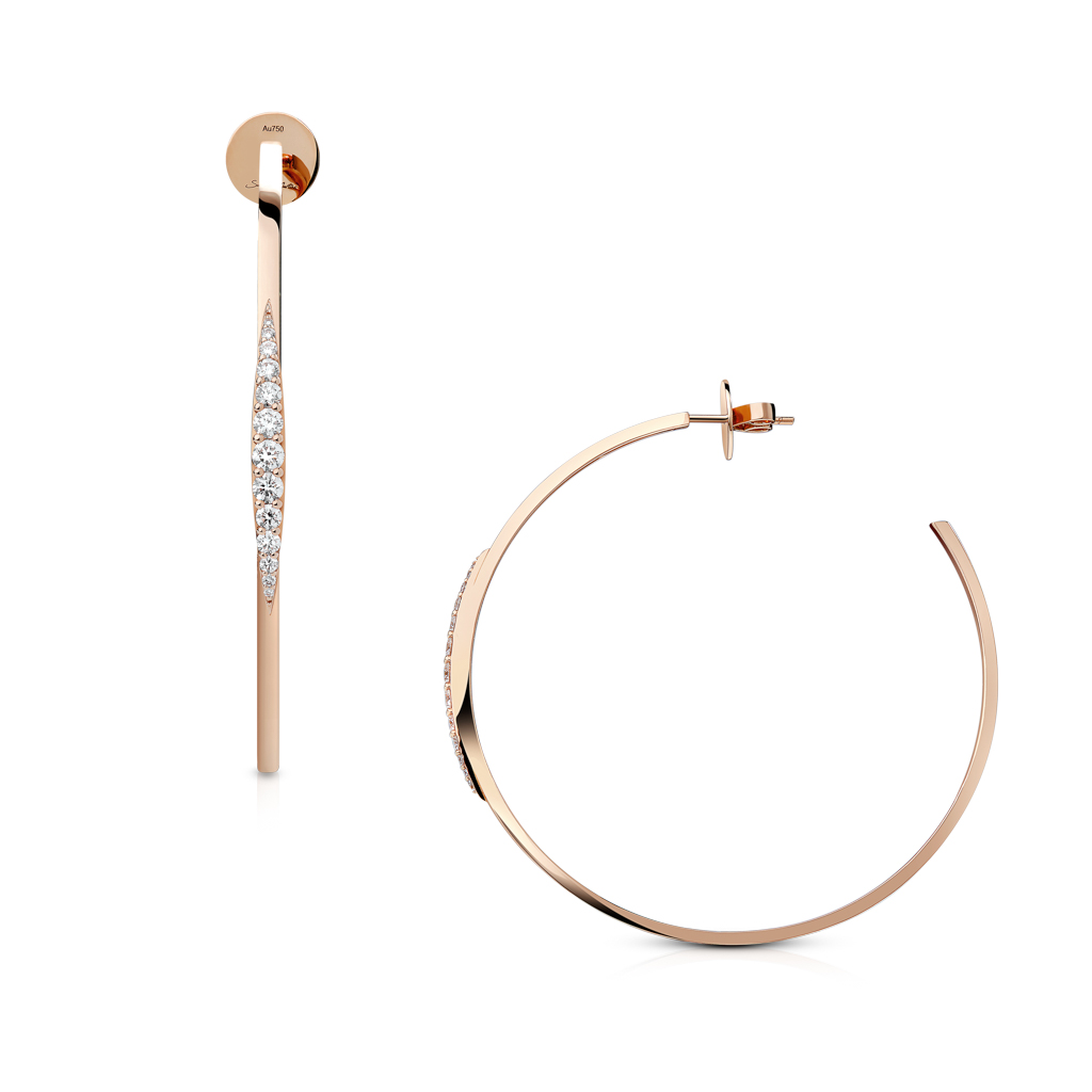 Rose gold hoop earrings featuring a diamond-studded design on one side.