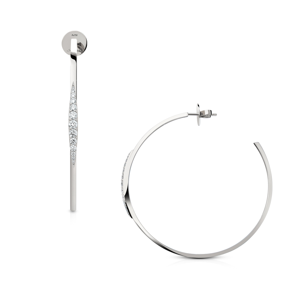 Silver hoop earrings featuring a sleek design with diamond accents along one side.