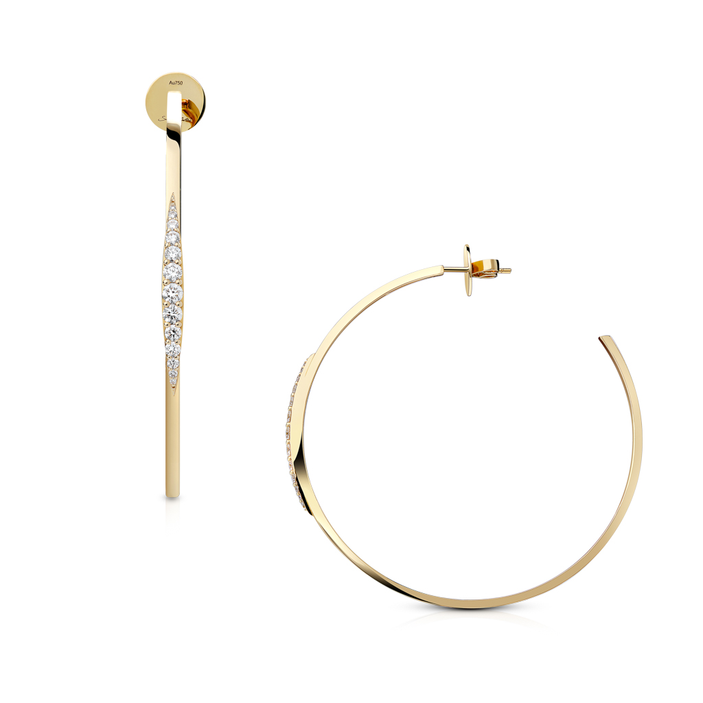 Gold hoop earrings featuring a slender design with diamond accents along one side.