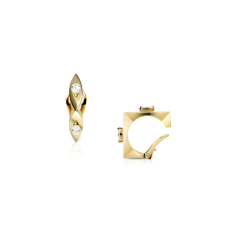Mini marquise ear cuff in gloss yellow gold with two small diamonds.