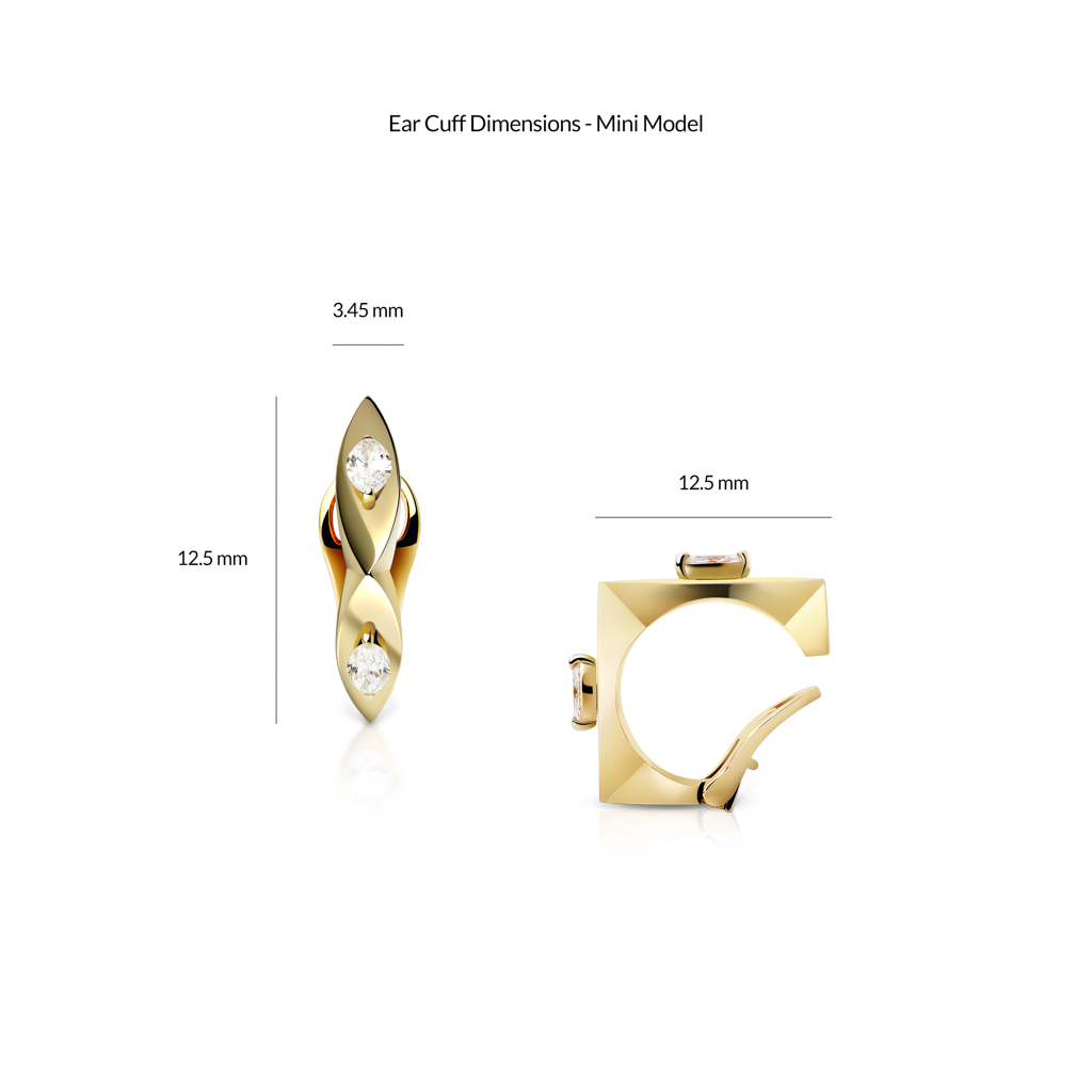 Mini marquise ear cuff in gloss yellow gold with dimensions displayed.