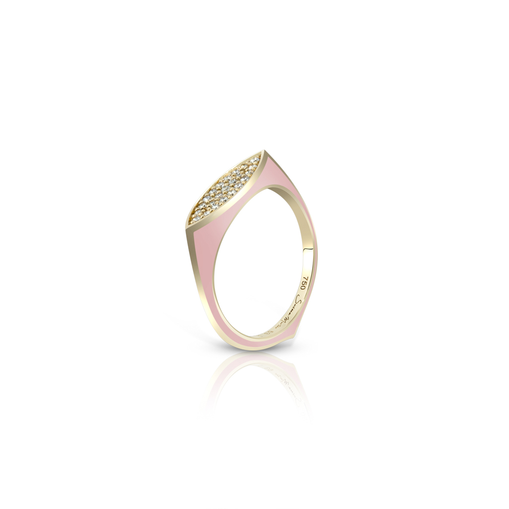 Mini pave ring featuring a marquise design with yellow gold and baby pink accents.