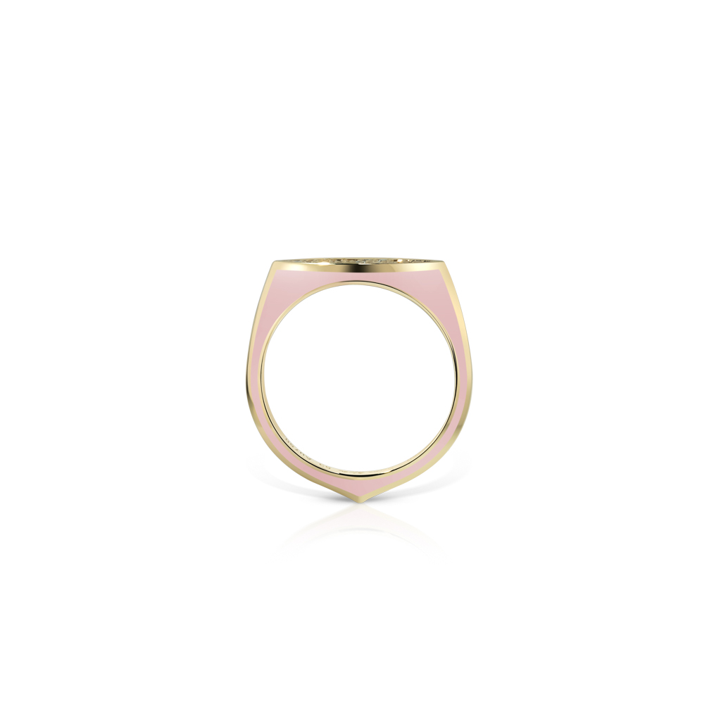 Mini pave ring featuring a marquise shape with a gold band and pink enamel detailing.