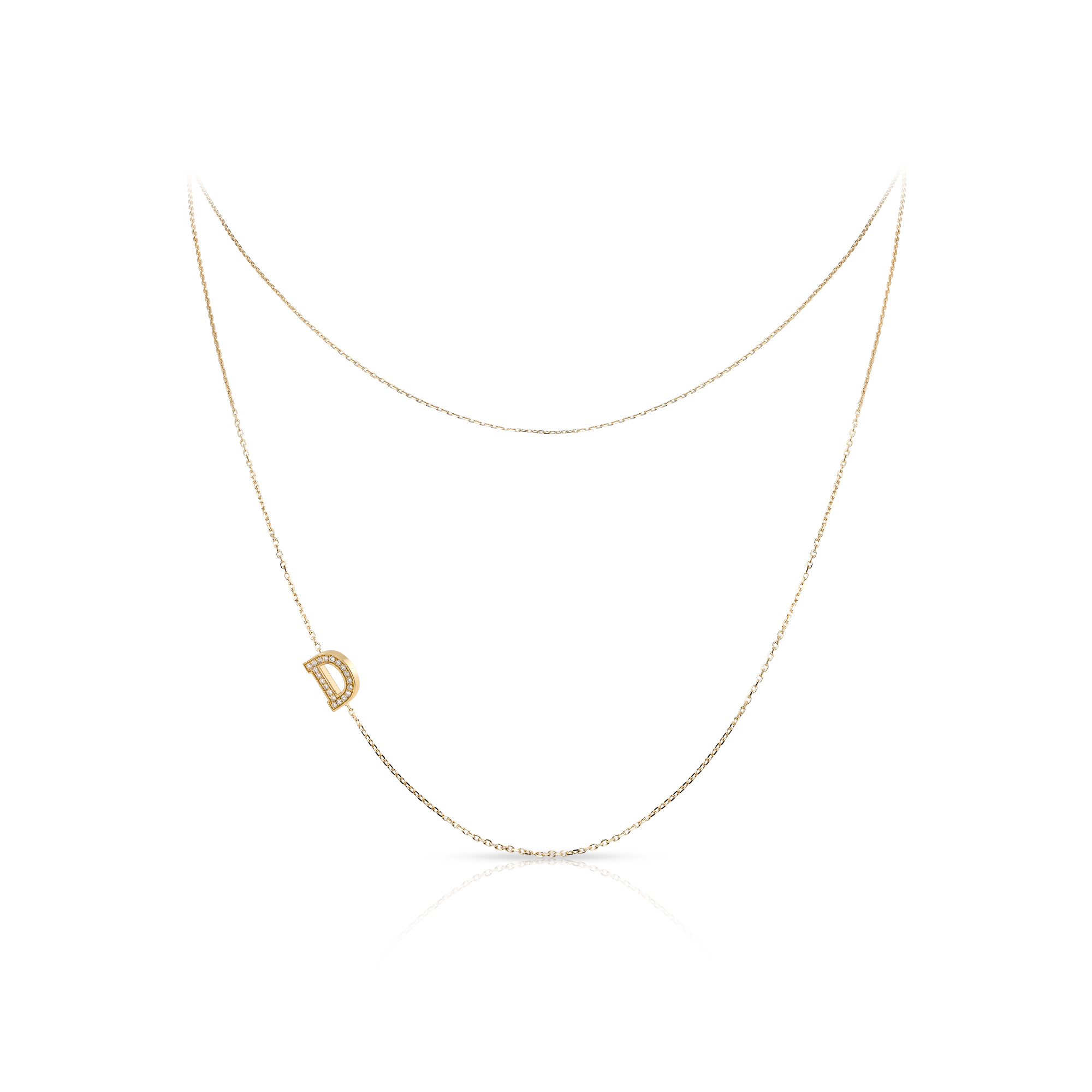 Gold double-layer necklace featuring a sparkling letter D pendant, perfect for personalized jewelry collections and fashion accessories.