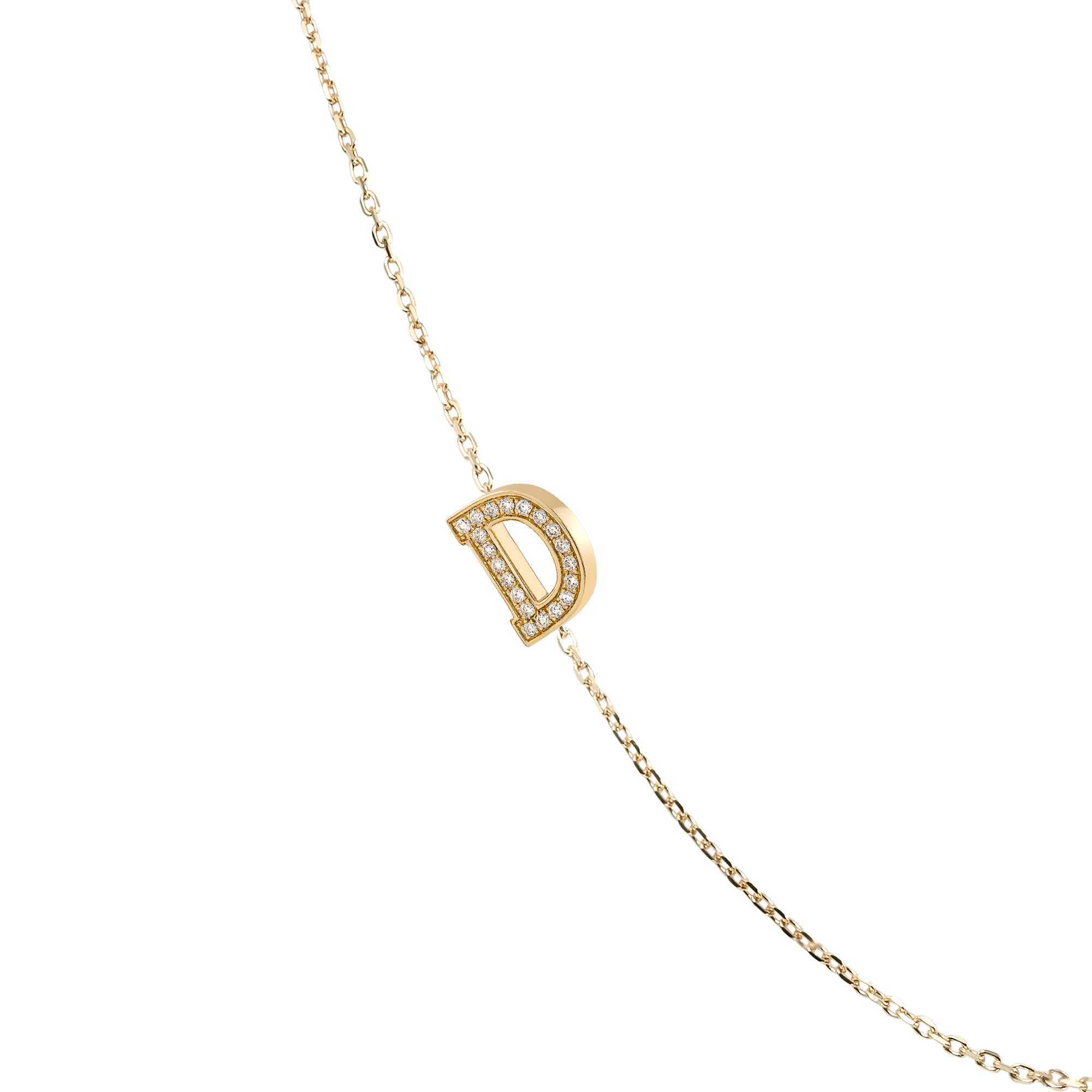 Gold chain necklace featuring a sparkling letter D pendant adorned with crystals, showcasing elegant jewelry design.