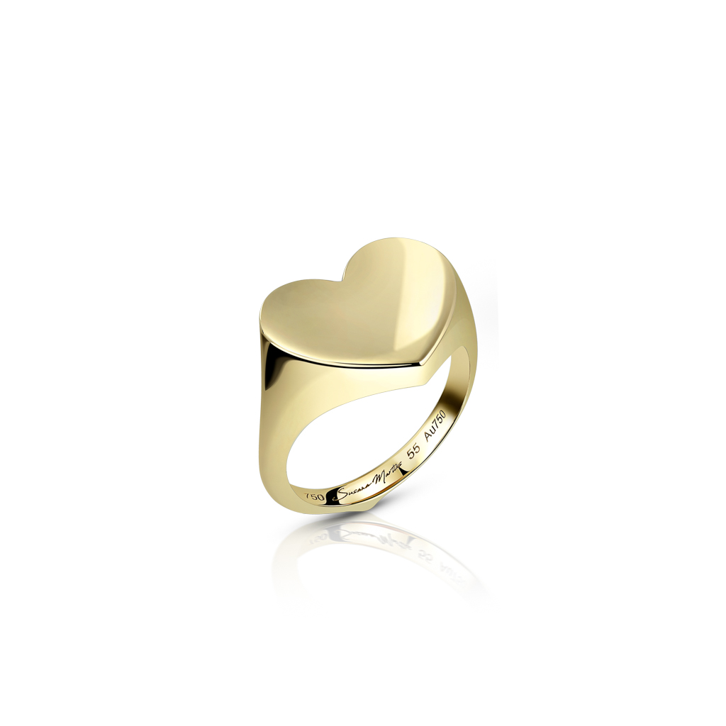 Yellow gold signet ring with a heart-shaped top design.
