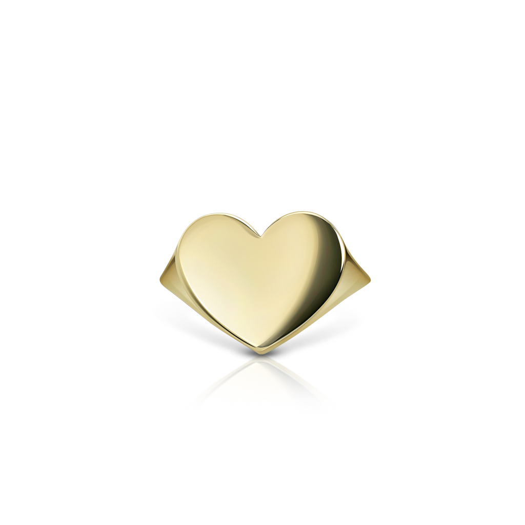 Yellow gold signet ring shaped like a heart with a glossy finish.
