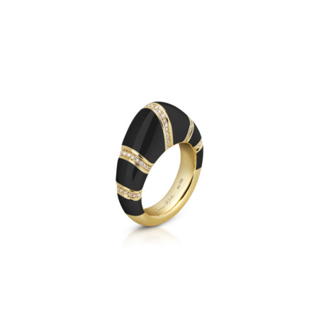 Gold dome ring featuring black enamel and decorative diamond-like accents.
