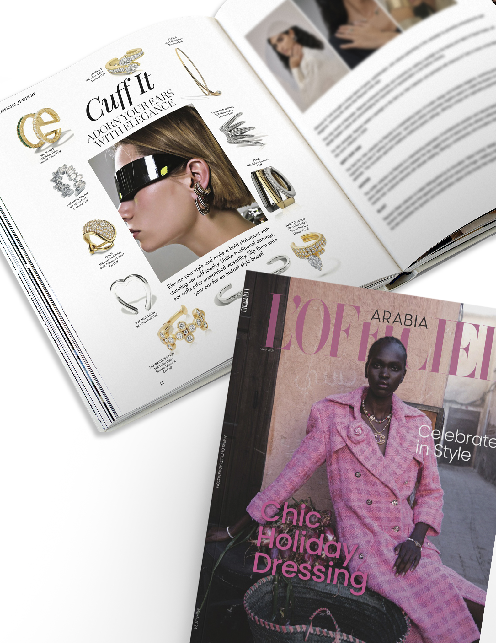 Calatrava earcuff featured in L'Officiel Arabia magazine, showcasing contemporary jewelry design and fashion trends.