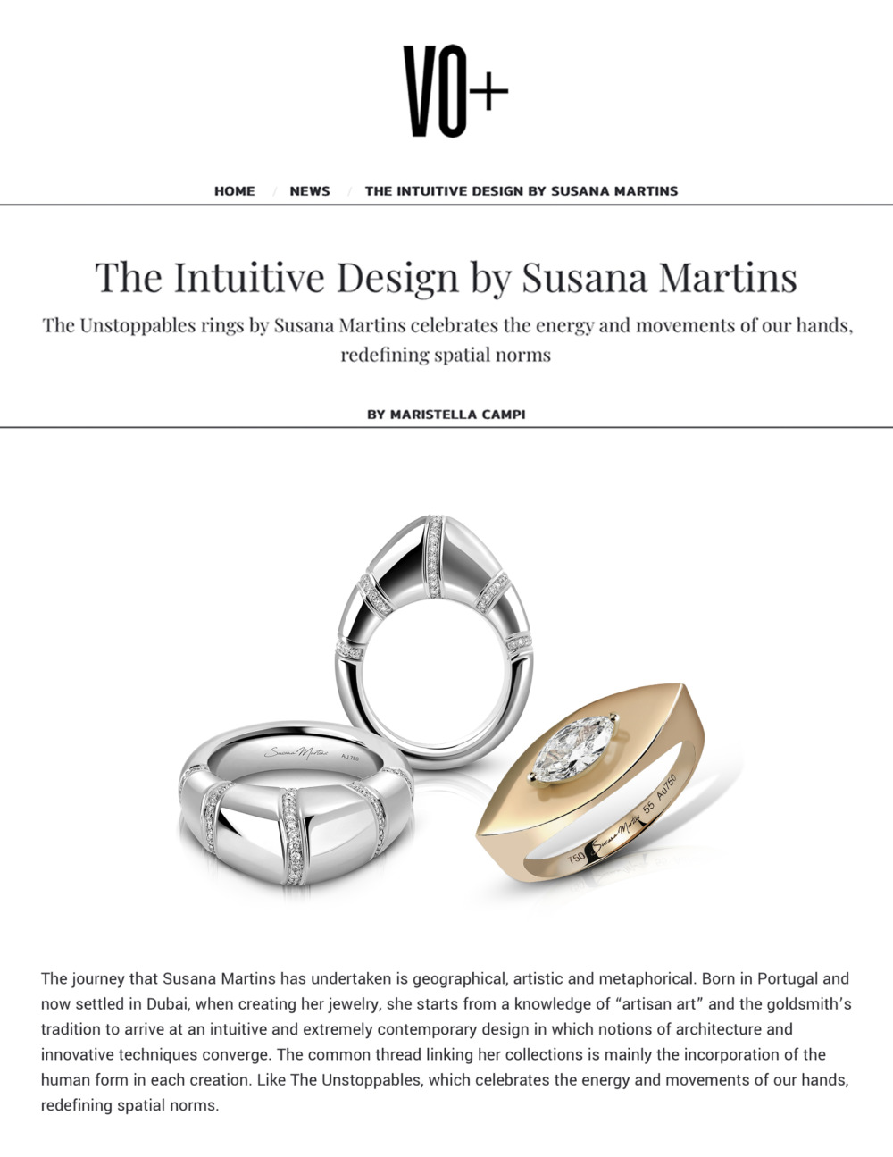 Three elegant rings designed by Susana Martins, showcasing unique styles and craftsmanship, highlighting the energy of hand movements.