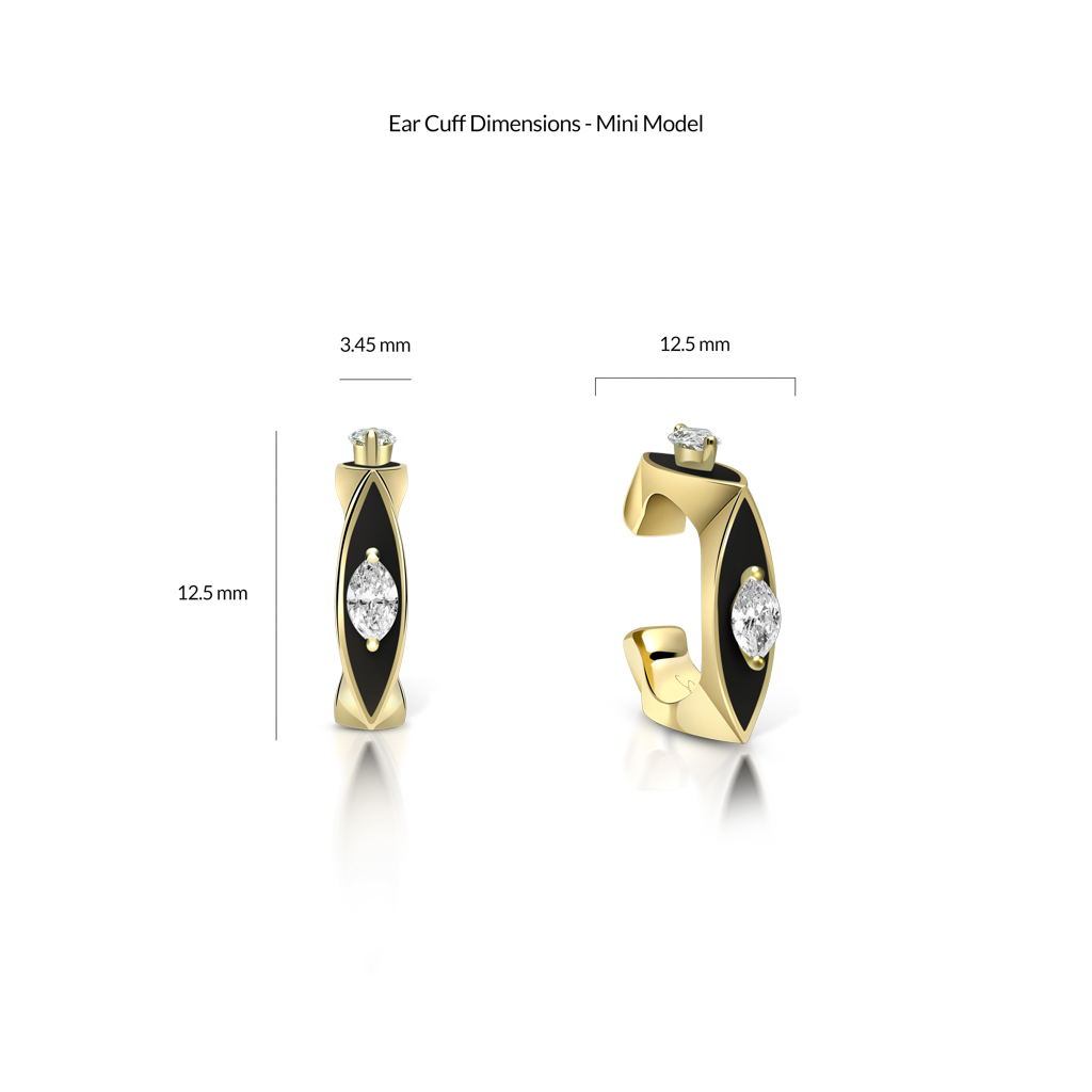 Gold enamel ear cuff featuring a diamond detail, shown from multiple angles with dimensions.