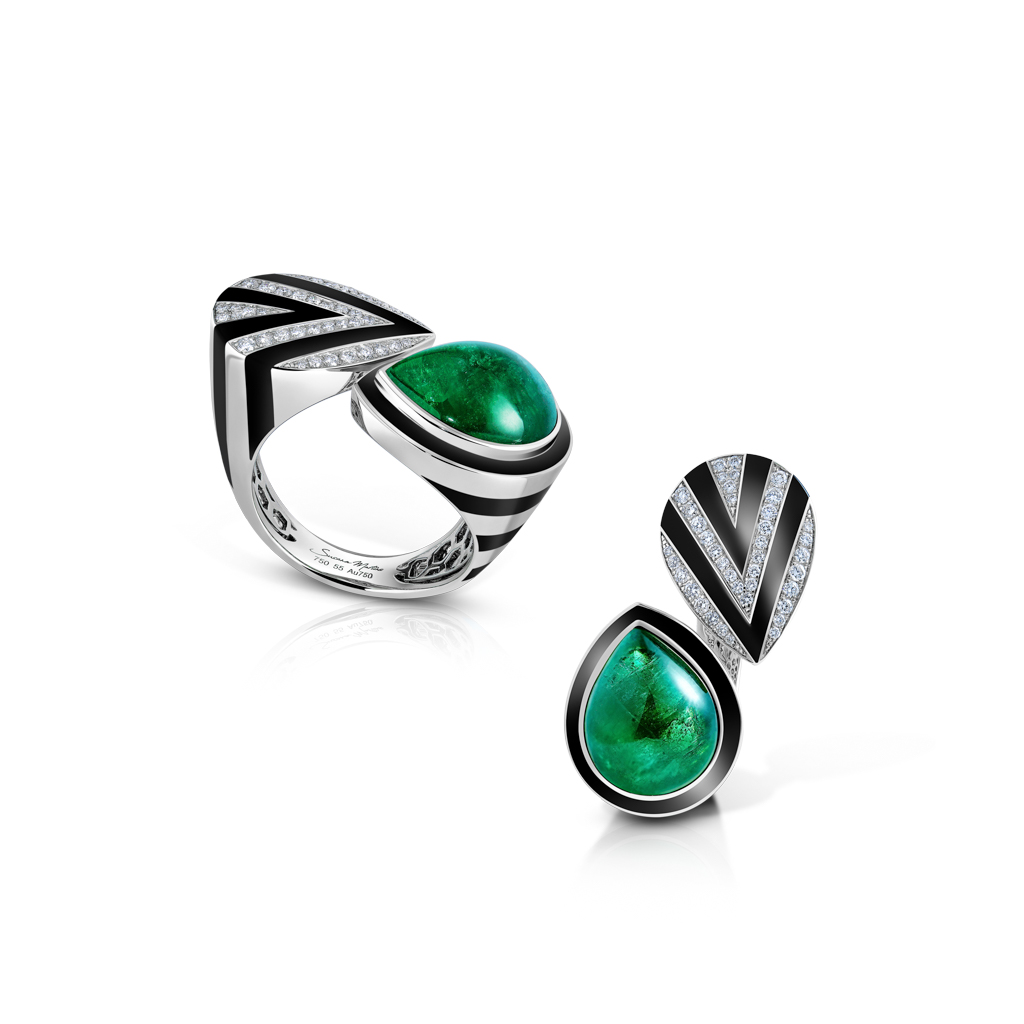 Emerald and black compo ring and earring set featuring a teardrop design with diamond accents.