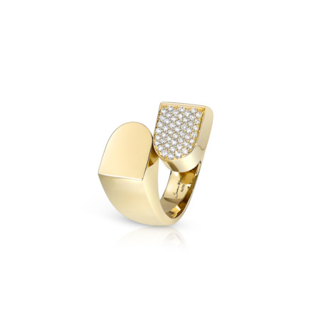 Gold ring featuring a unique design with a diamond-encrusted section on top.