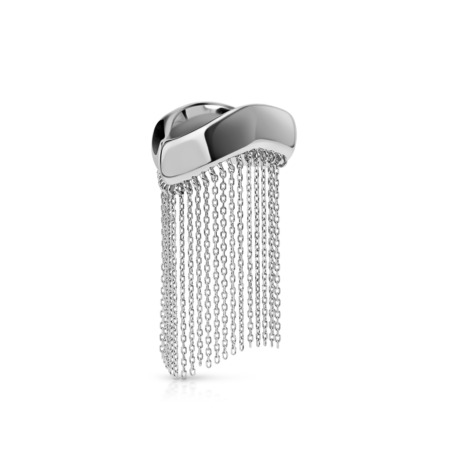 Silver ring with a wave-shaped top and cascading chain fringe design.
