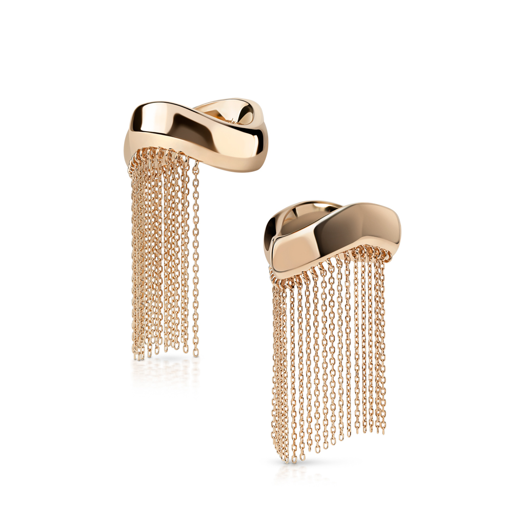 Gold ring with a twisted design and cascading chain fringe elements.