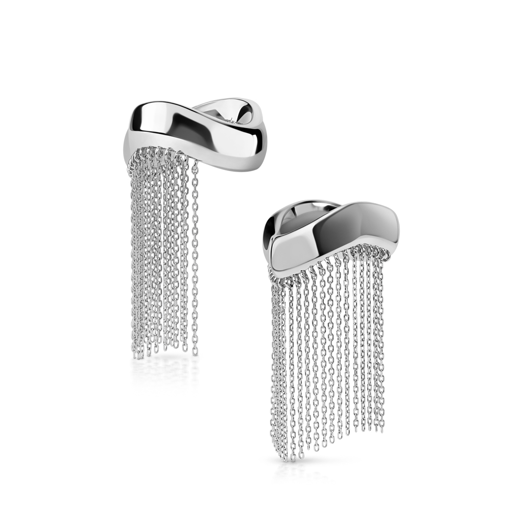 Silver ring featuring a twisted design with cascading chain fringes.