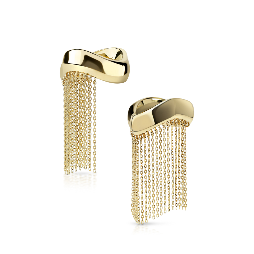 Yellow gold ring with a twisted design and cascading fringe chains.