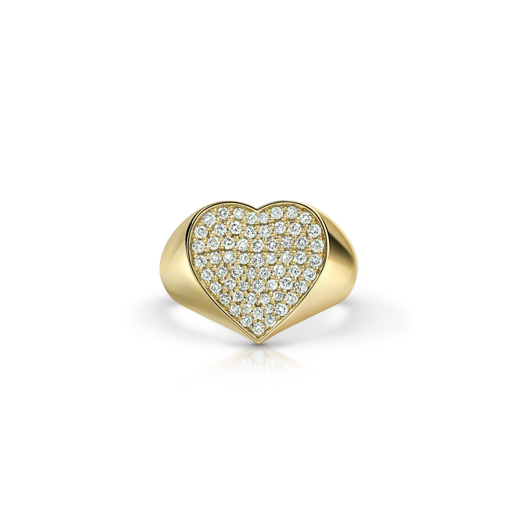 Gold signet ring in the shape of a heart, featuring multiple small diamonds set in the surface.