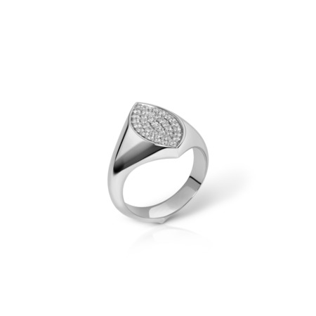White gold signet ring featuring a marquise-shaped top adorned with small diamonds.