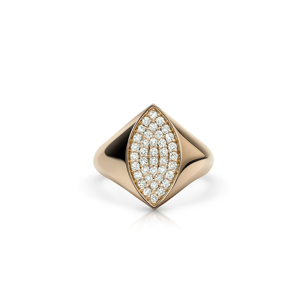 Gold signet ring featuring a marquise design set with multiple diamonds.