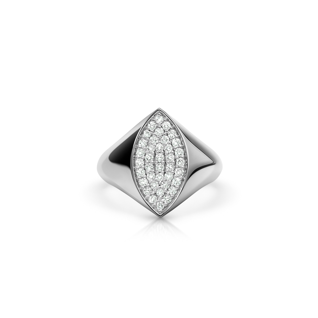 White gold signet ring featuring a marquise shape set with multiple small diamonds.
