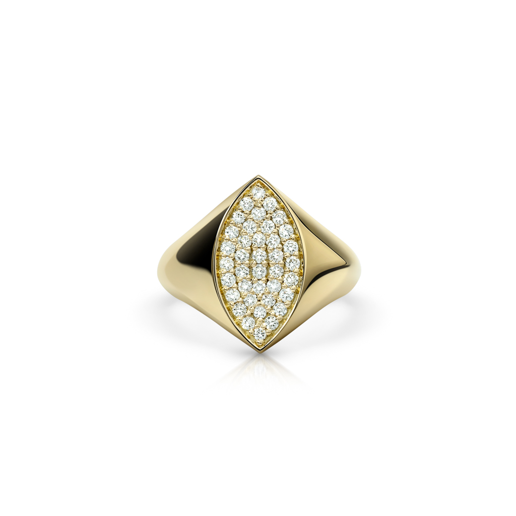 Gold signet ring featuring a marquise-shaped design set with multiple diamonds.