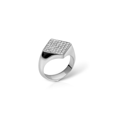 Silver square signet ring featuring a surface covered with small, clear stones.