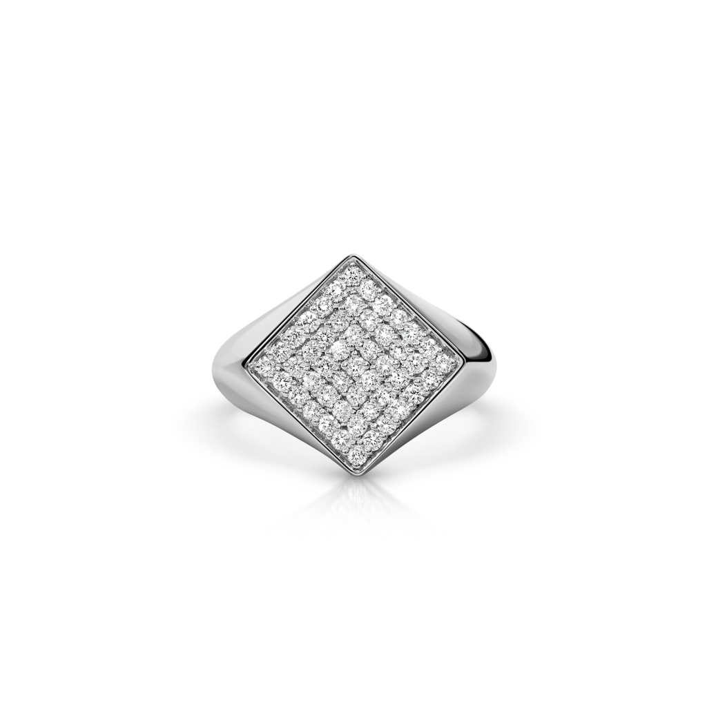 Square signet ring with a diamond-encrusted surface in a polished silver setting.