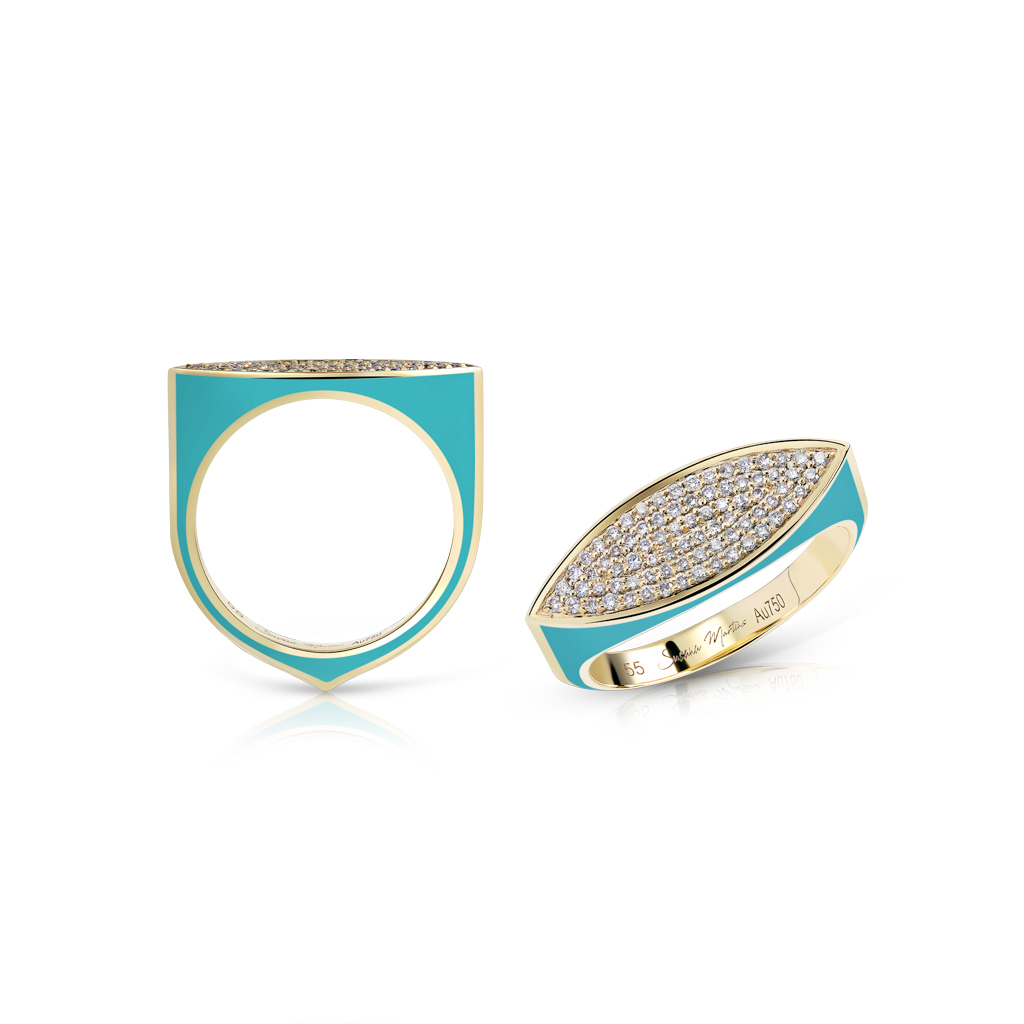 Gold ring with turquoise enamel and pave set diamonds in a marquise shape.