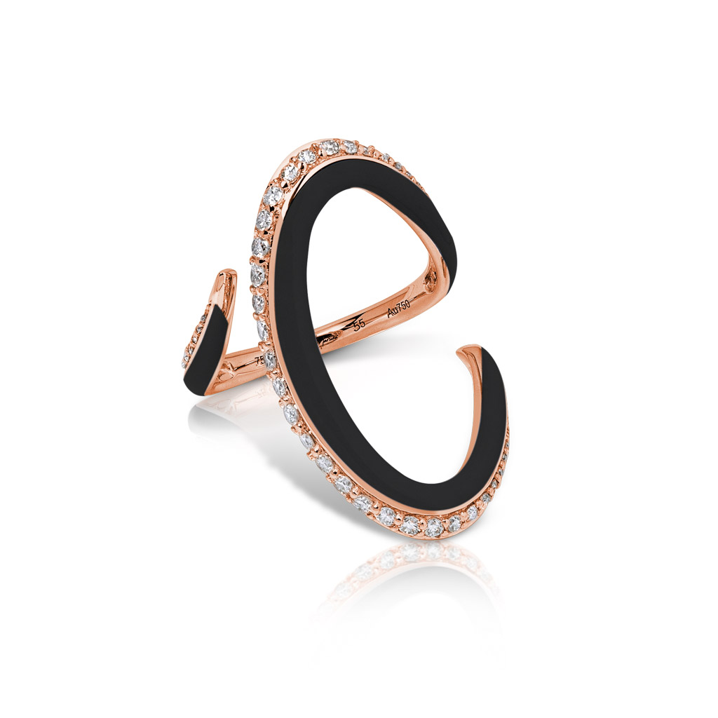 Calatrava Crayon Strokes Ring featuring black enamel and sparkling crystals, designed in rose gold, showcasing modern elegance.