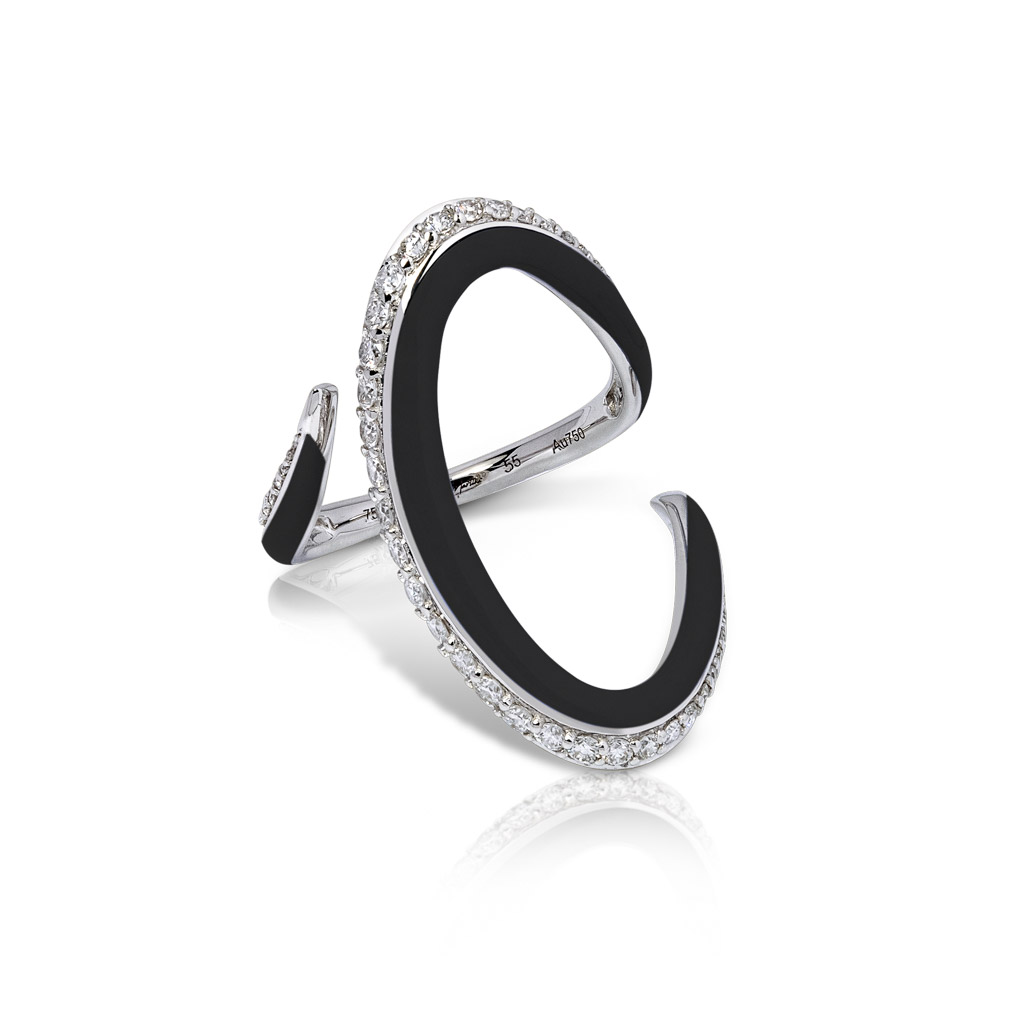 Calatrava Crayon Strokes Ring featuring black enamel and sparkling diamonds, crafted in white gold, showcasing a modern design.