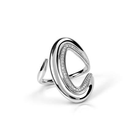 Silver ring with a unique double stroke design and inner diamond embellishments.