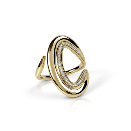 Gold ring featuring a unique design with diamond accents along the inner curve.